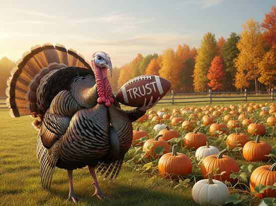 Turkey holding a football ball with words trust on it